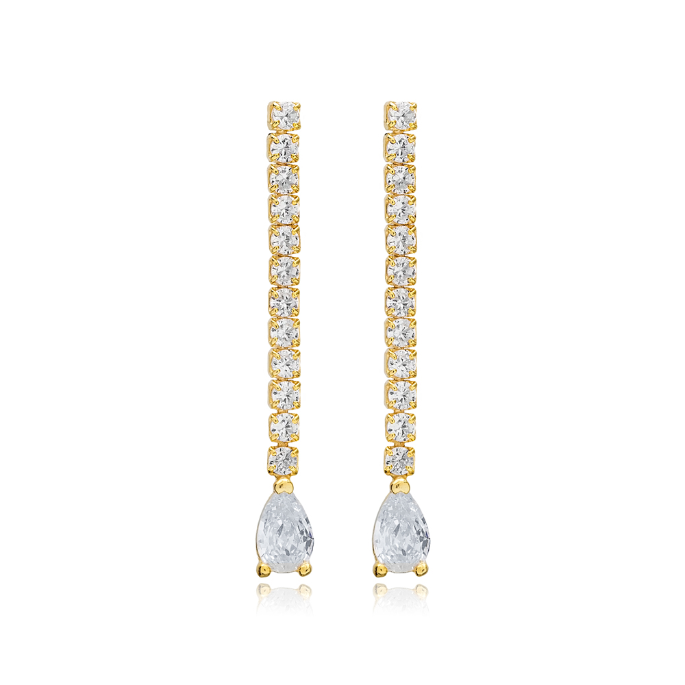 Pear Shape Stone Zircon Chain Design Stud Long Earrings Handmade 925 Sterling Silver Jewelry