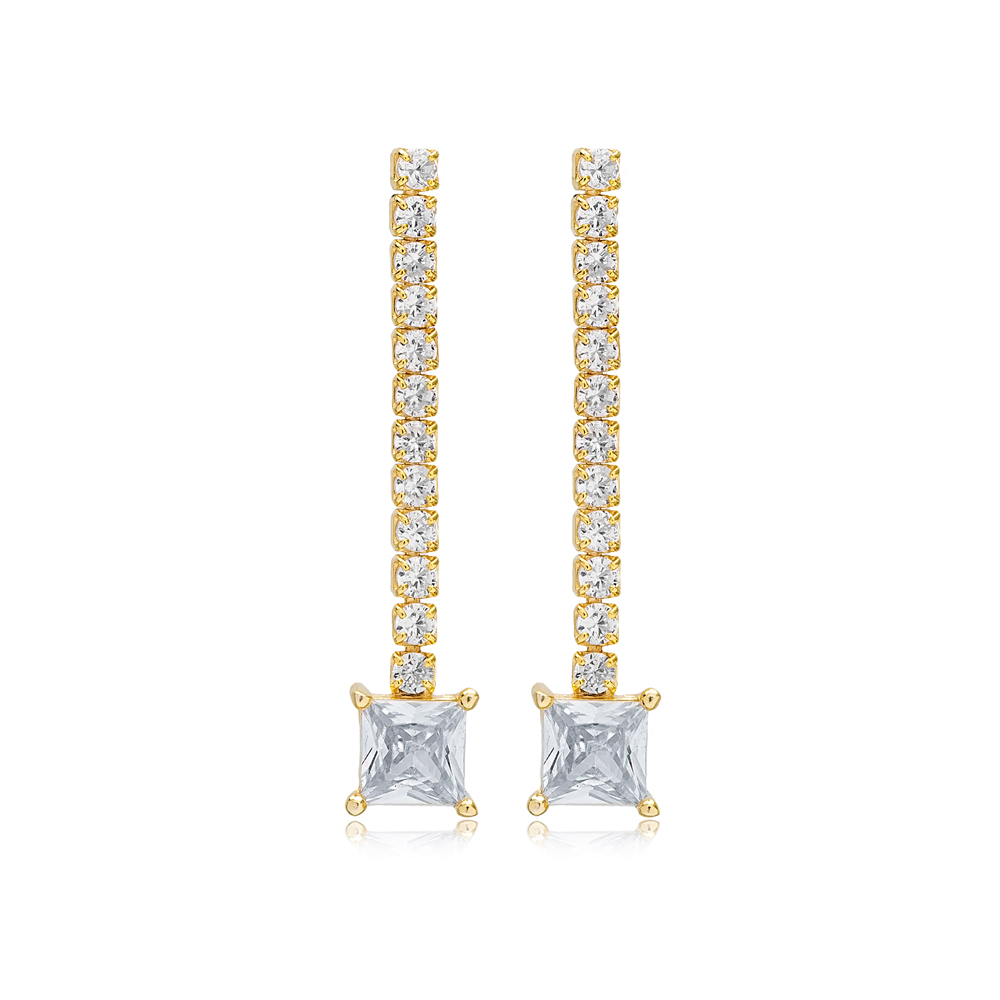 Square Shape Stone Zircon Chain Design Stud Long Earrings Turkish 925 Sterling Silver Jewelry