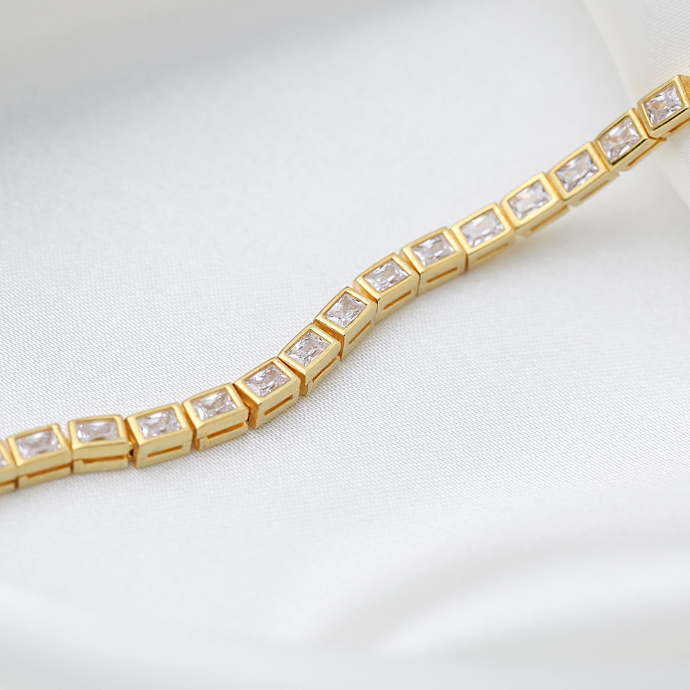 Trendy 3 mm Rectangle Design CZ Stone Tennis Bracelet Turkish Wholesale 925 Sterling Silver Jewelry