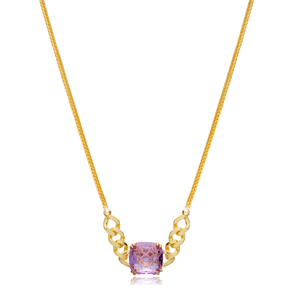 Popular Chain Geometric Amethyst Stone Dainty Design 925 Sterling Silver Charm Choker Necklace