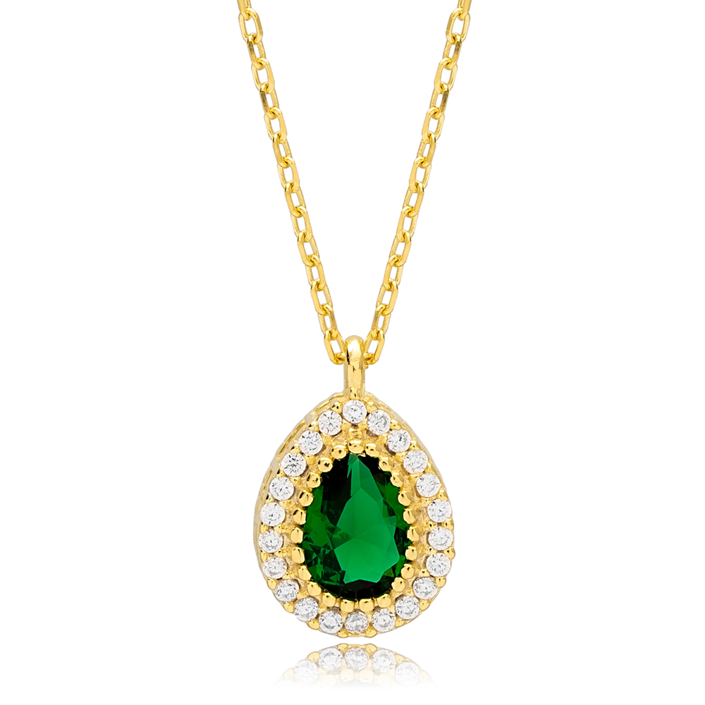 Stylish Emerald Stone Pear Shape Charm Necklace Pendant Turkish 925 Sterling Silver Jewelry