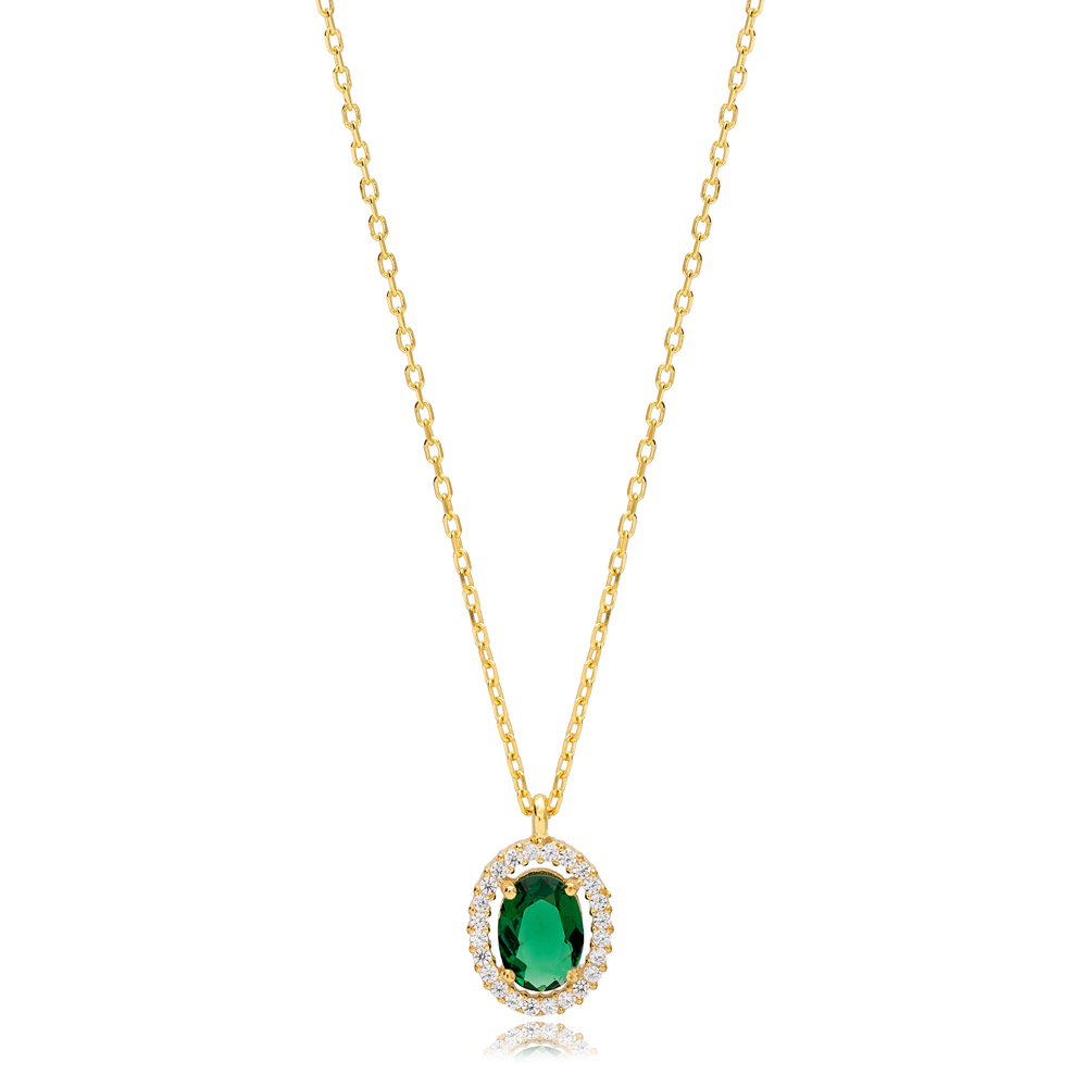 Classic Elegant Emerald Stone Oval Design Charm Pendant Necklace 925 Sterling Silver Women Jewellery