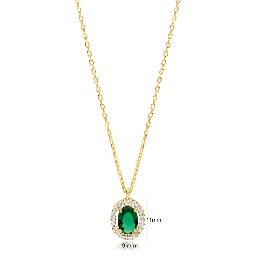 Classic Elegant Emerald Stone Oval Design Charm Pendant Necklace 925 Sterling Silver Women Jewellery