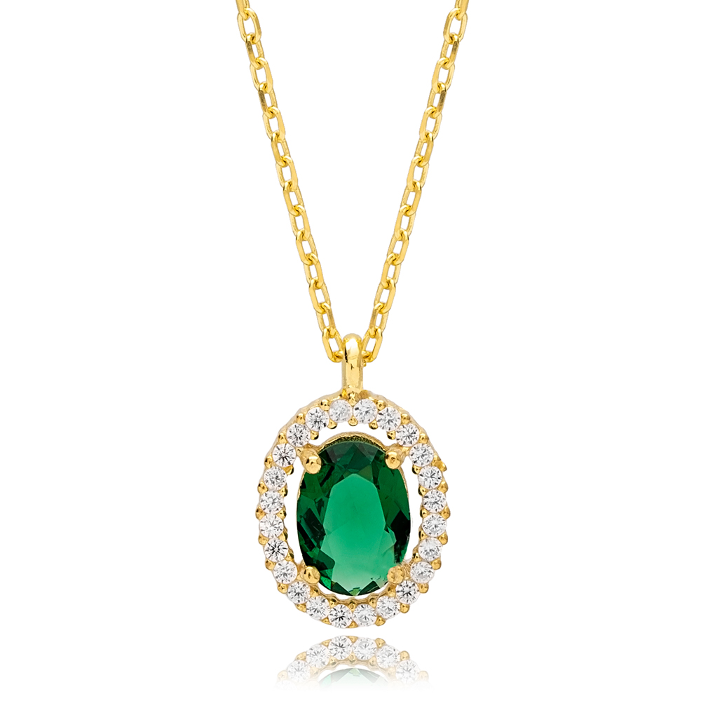 Classic Elegant Emerald Stone Oval Design Charm Pendant Necklace 925 Sterling Silver Women Jewellery