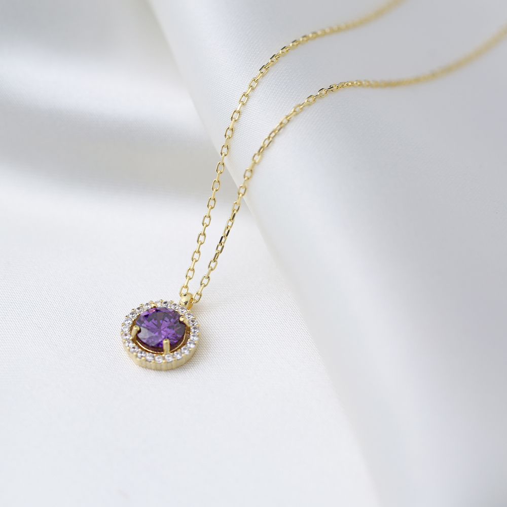 Minimalist Amethyst Stone Round Design Charm Pendant Necklace 925 Sterling Silver Jewelry