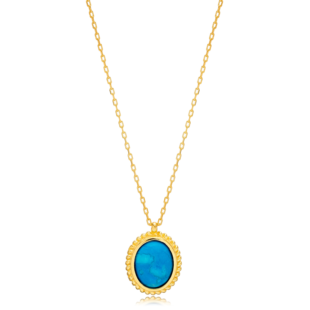 New Design Turquoise Stone Oval Shape Charm Necklace Pendant Turkish 925 Sterling Silver Jewelry