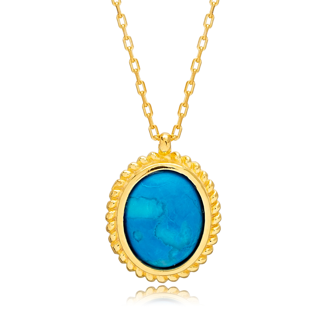 New Design Turquoise Stone Oval Shape Charm Necklace Pendant Turkish 925 Sterling Silver Jewelry