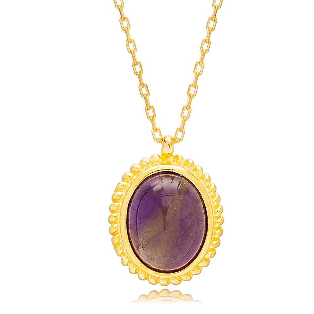 Elegant Amethyst Stone Oval Shape Charm Necklace Pendant 925 Sterling Silver Jewelry