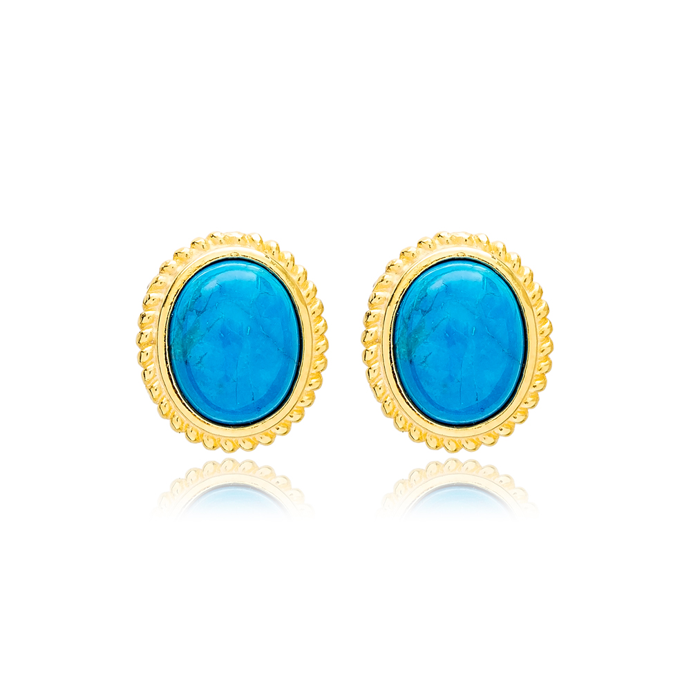 Dainty Turquoise Stone Oval Shape Stud Earrings Handmade Turkish Natural Stone 925 Sterling Silver Jewelry