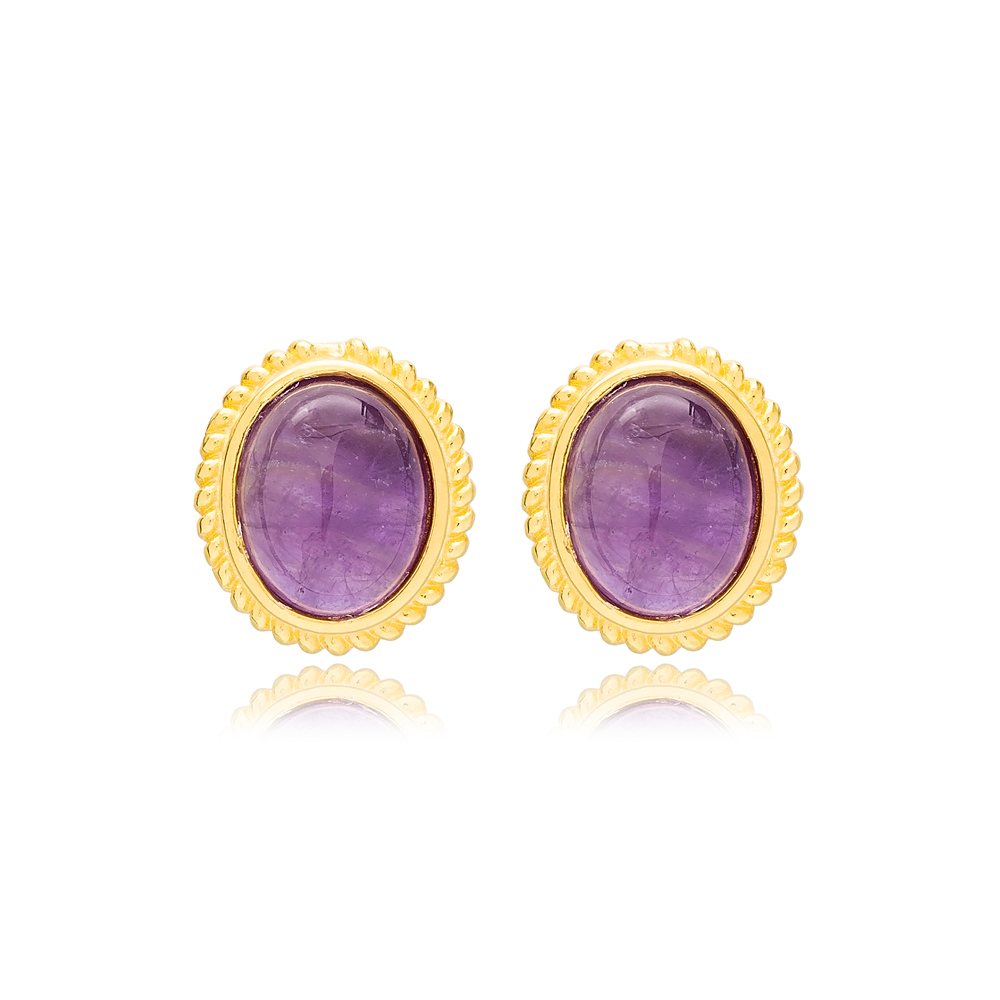 Elegant Amethyst Stone Oval Shape Stud Earrings Wholesale Turkish Women 925 Sterling Silver Jewelry