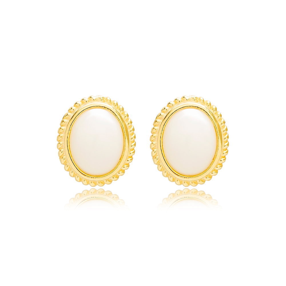 Trendy Mother of Pearl Stone Oval Shape Stud Earrings Dainty Women 925 Sterling Silver Jewelry