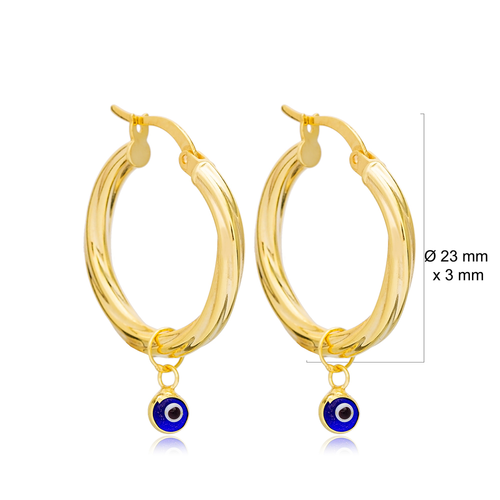 23 mm Hoop Earrings Trendy Style with Minimalist Evil Eye Turkish 925 Sterling Silver Jewelry