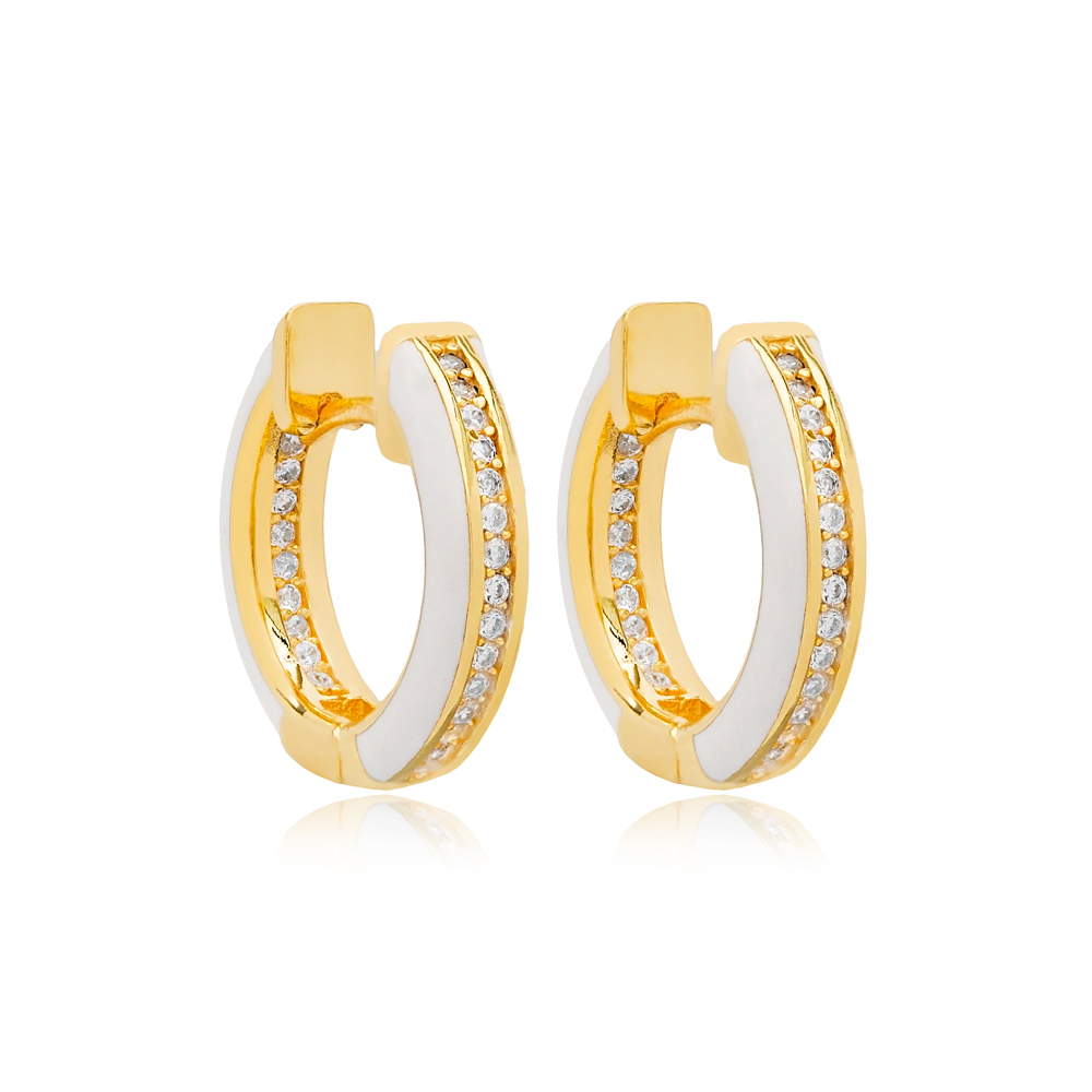 White Enamel Zircon Stone Hoop Earrings Turkish Wholesale 925 Sterling Silver Jewelry