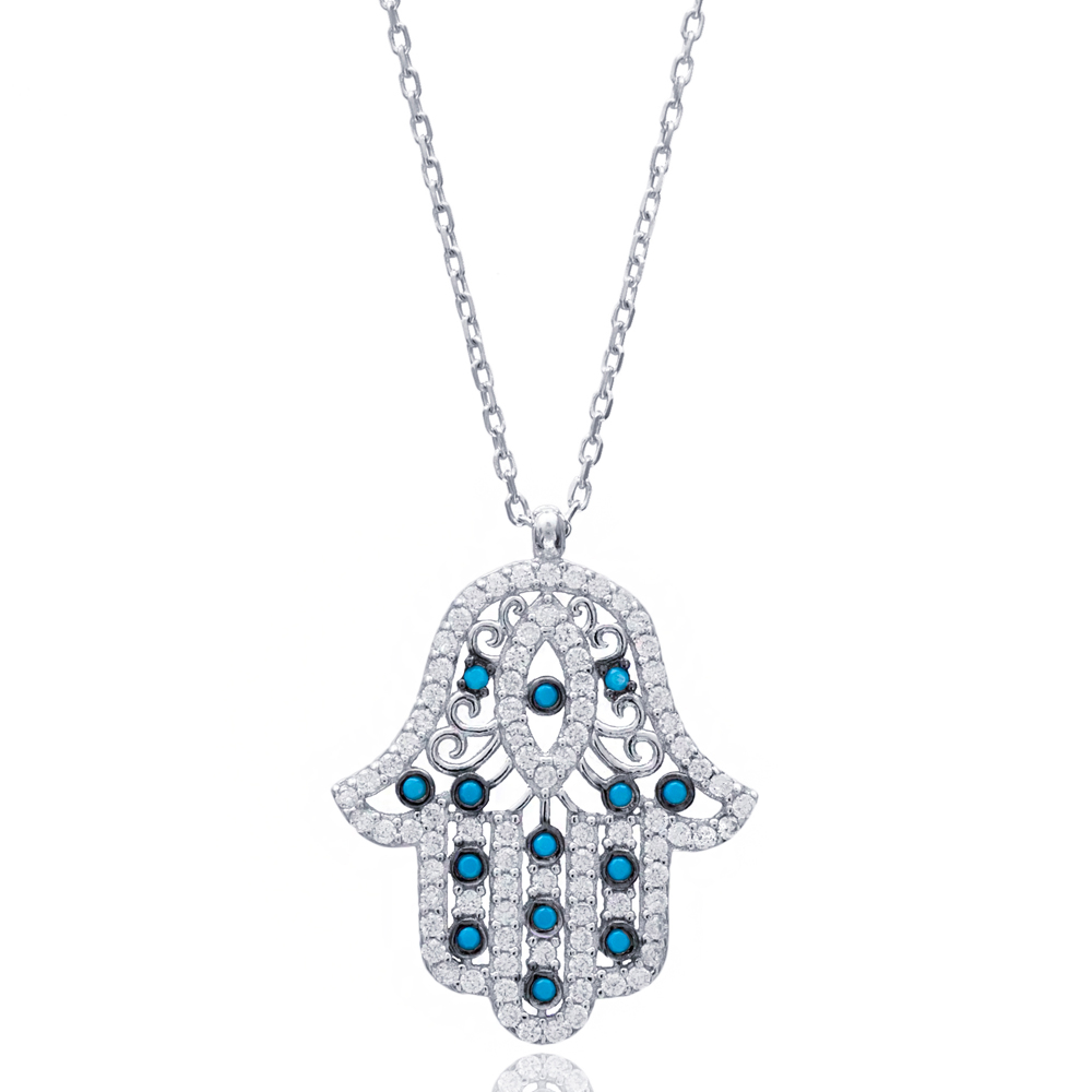 Turquoise Stone Hamsa Design Charm Pendant Necklace Turkish Wholesale 925 Sterling Silver Jewelry