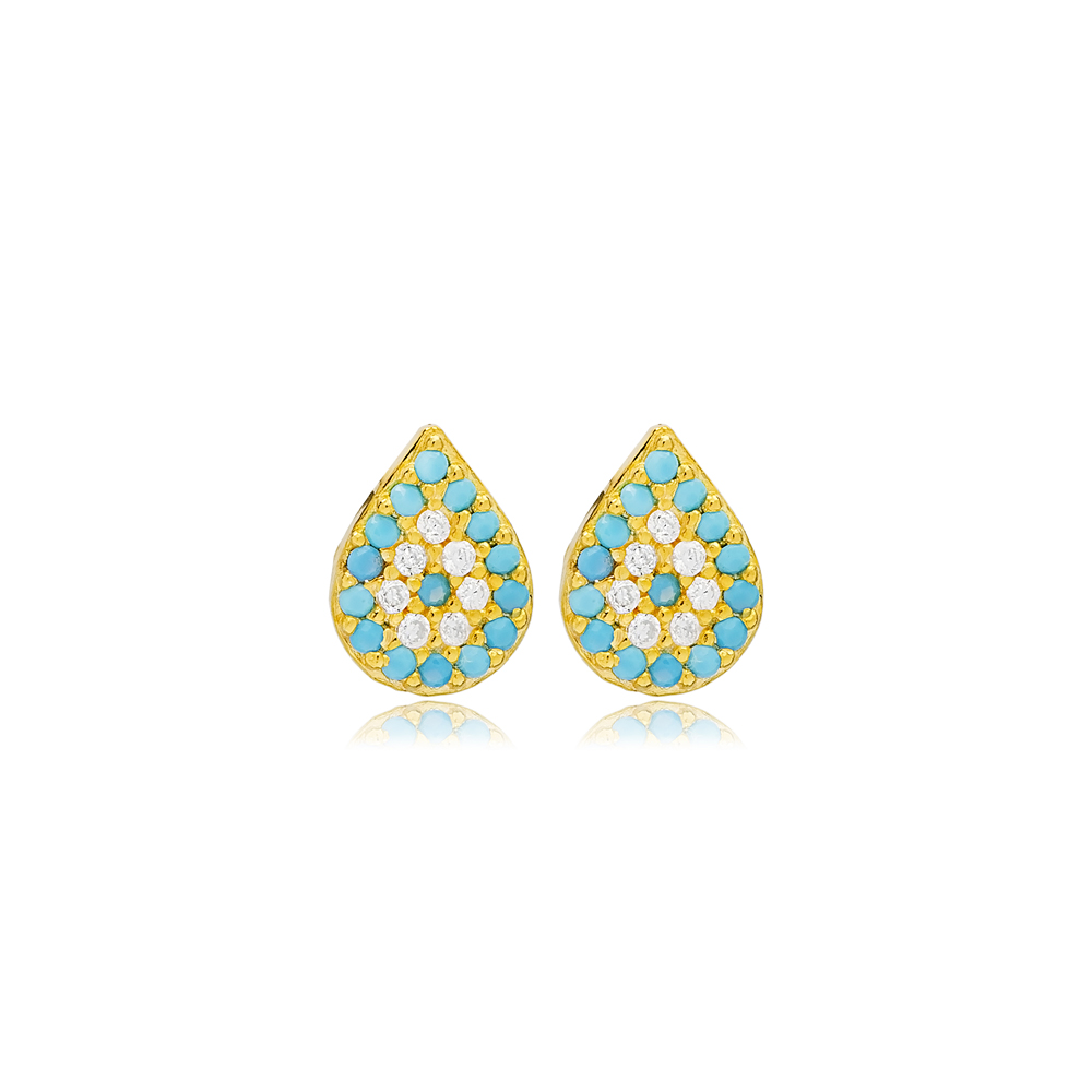 Turquoise Pear Shape Minimalist Design Tiny Stud Earrings Handmade 925 Sterling Silver Women Jewelry