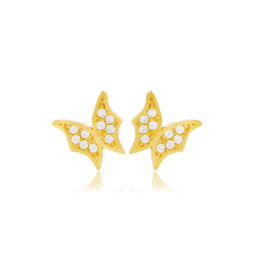 Zircon Stone Tiny Butterfly Design Minimalist Stud Earrings Handmade 925 Sterling Silver Jewelry
