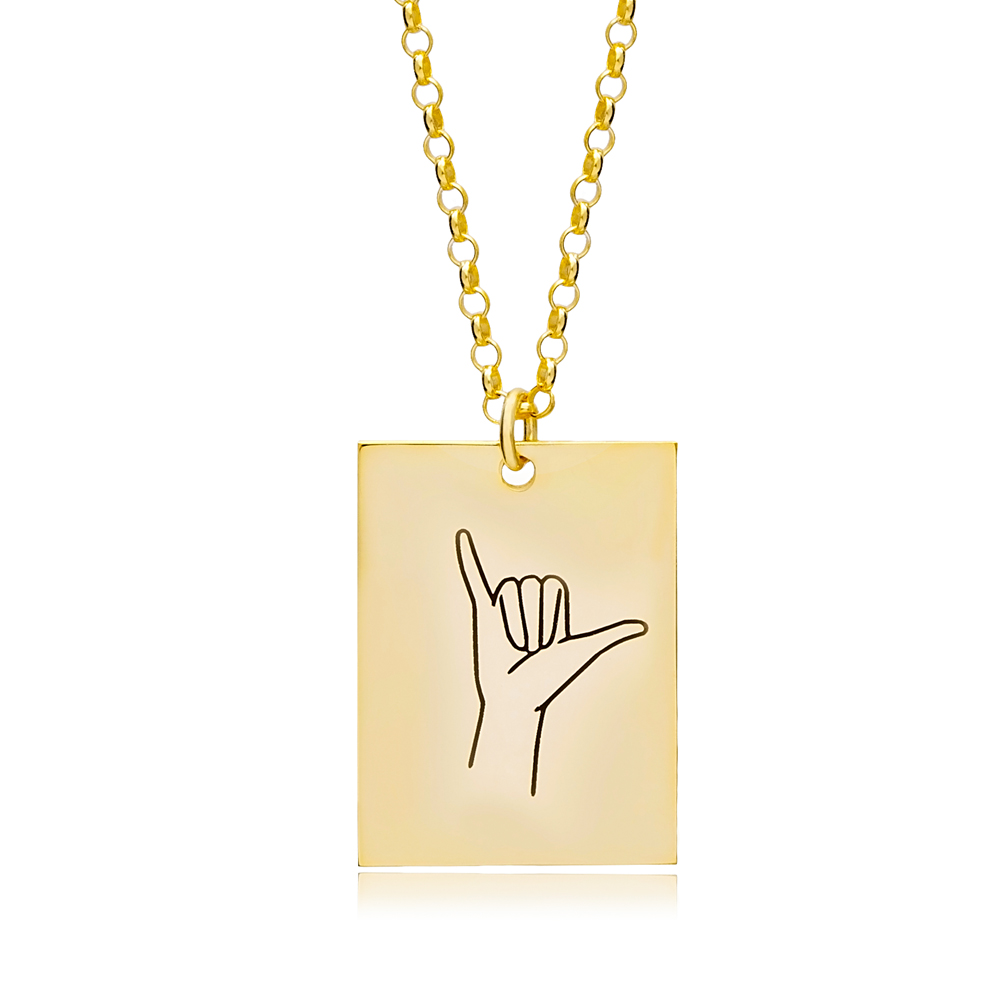 Hang Loose Hand Gestures Rectangle Disc Charm Necklace 925 Sterling Silver Sign Language Jewelry