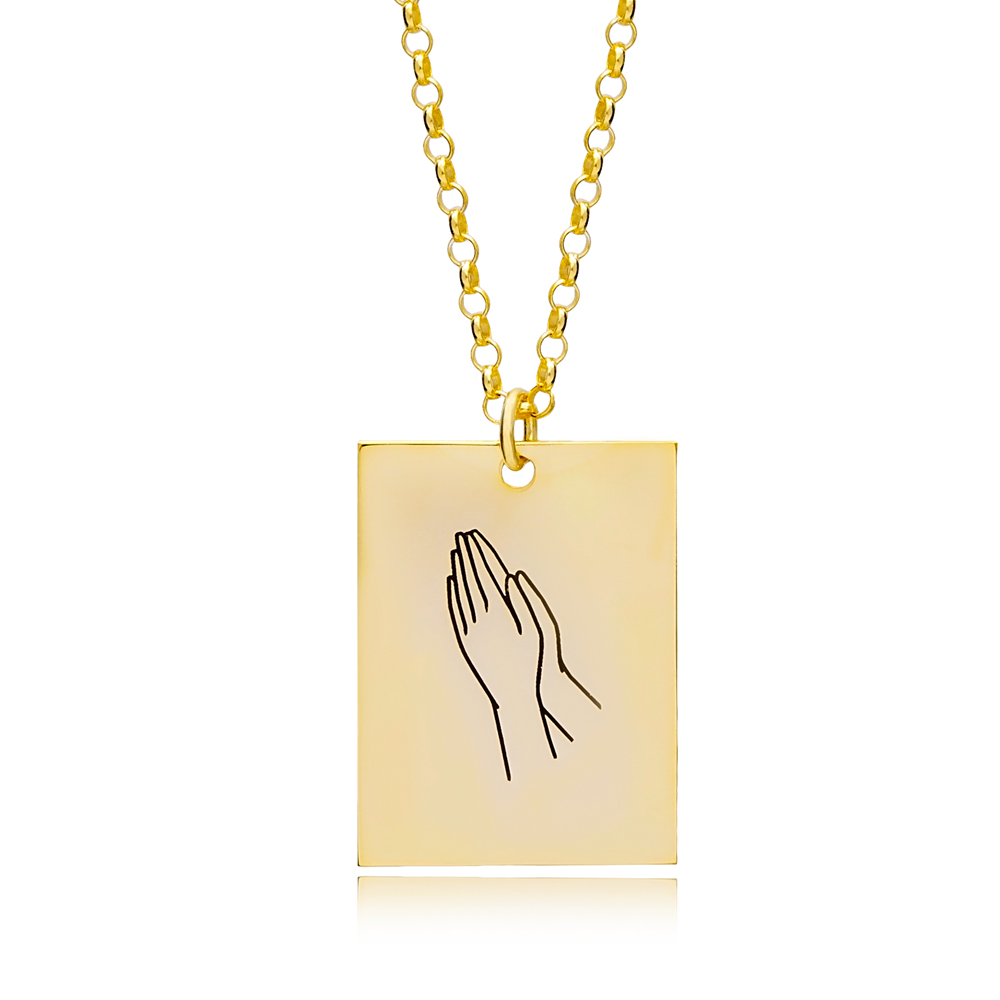 Pray Hand Gestures Rectangle Disc Charm Pendant Necklace 925 Sterling Silver Jewelry
