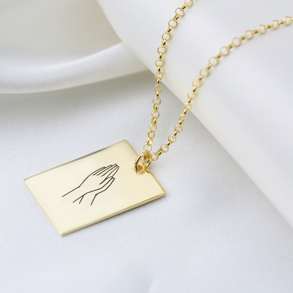 Pray Hand Gestures Rectangle Disc Charm Pendant Necklace 925 Sterling Silver Jewelry