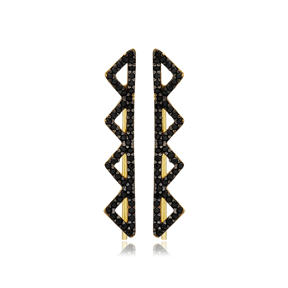 Zigzag Design Black Zircon Stone Climber Earrings Trendy Turkish 925 Sterling Silver Jewelry