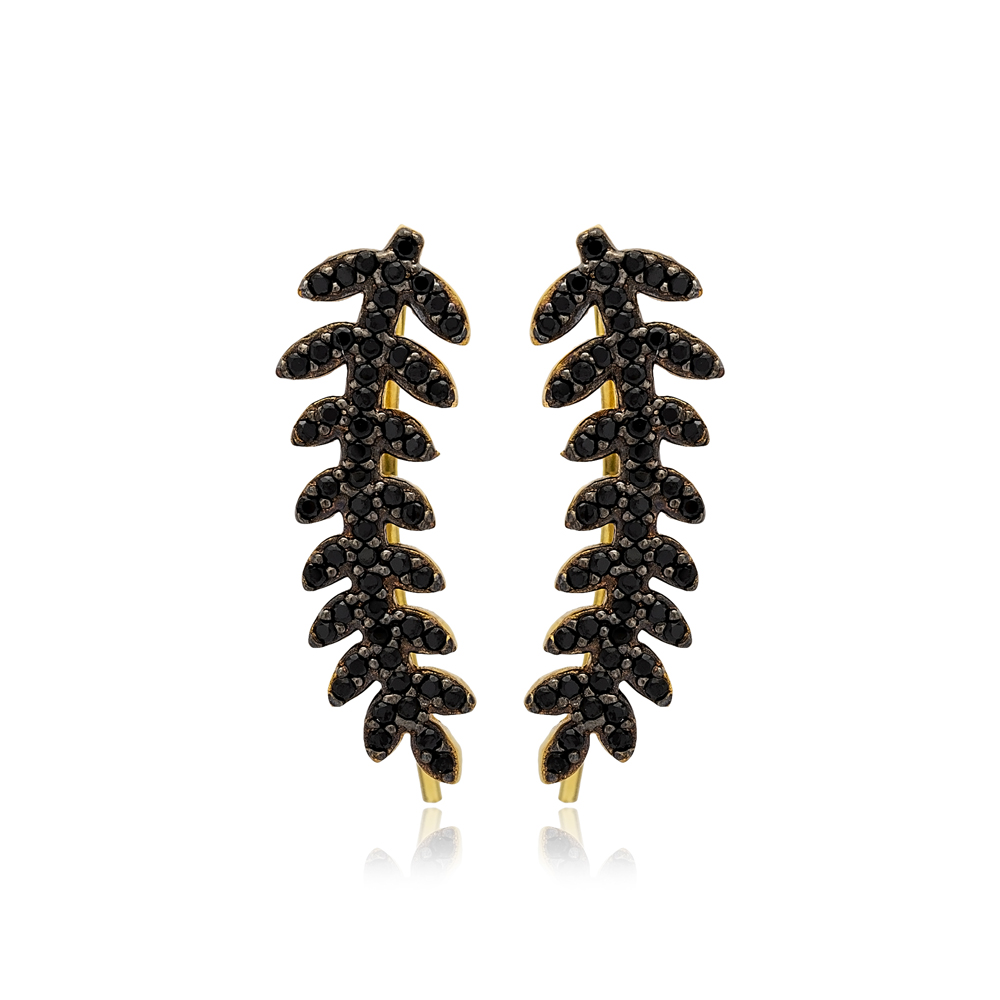 Olive Leaf Design Climber Earrings Black Zircon Turkish Handmade 925 Sterling Silver Jewelry