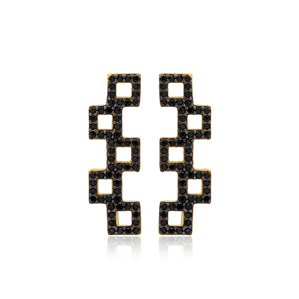 Square Geometric Design Climber Earrings Black Zircon Turkish Handmade 925 Sterling Silver Jewelry