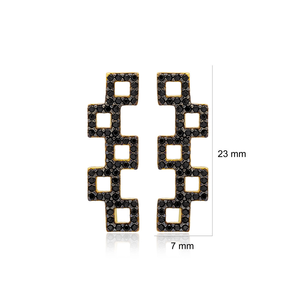 Square Geometric Design Climber Earrings Black Zircon Turkish Handmade 925 Sterling Silver Jewelry