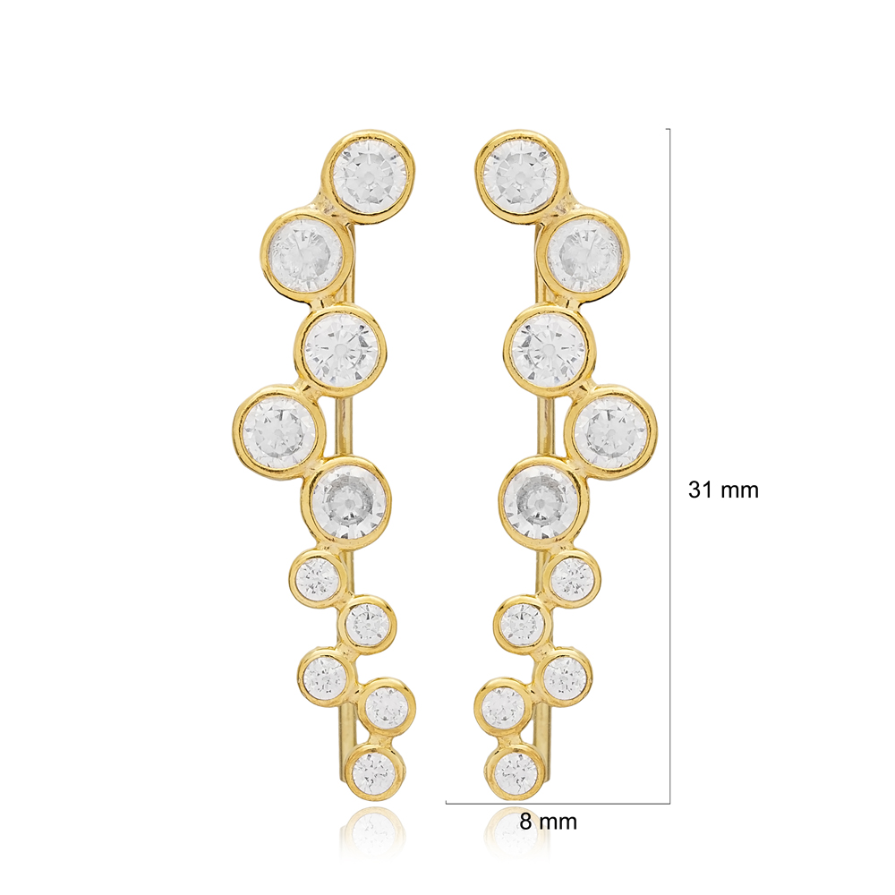Round Design Shiny Zircon Stone Ear Cuff Earring Turkish Wholesale Handcrafted 925 Sterling Silver Jewelry