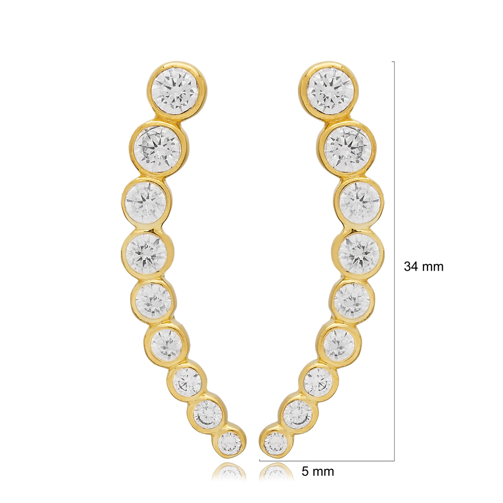 Round Shiny CZ Stone Ear Cuff Earring Turkish Wholesale Handmade 925 Sterling Silver Jewelry