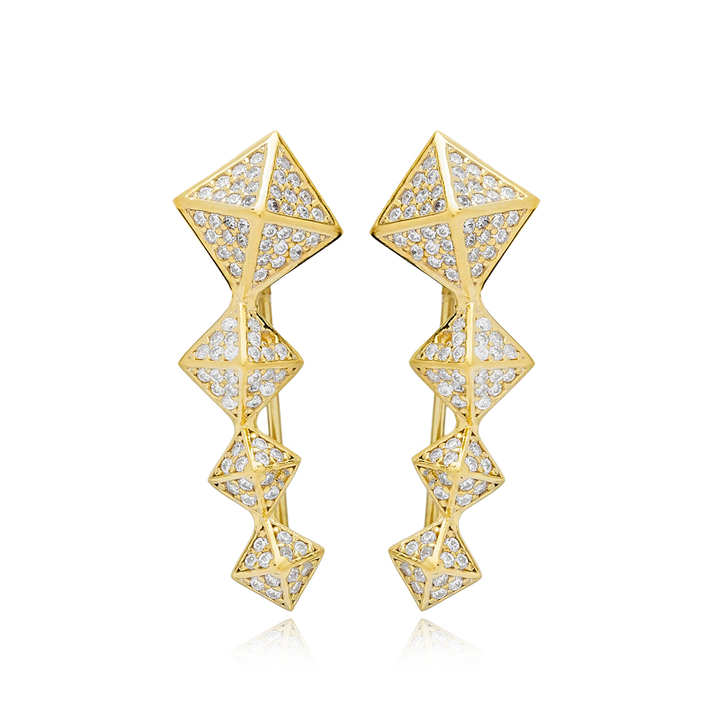 Popular Pyramid Geometric Design Ear Cuff Earring Turkish Wholesale Handmade 925 Sterling Silver Jewelry