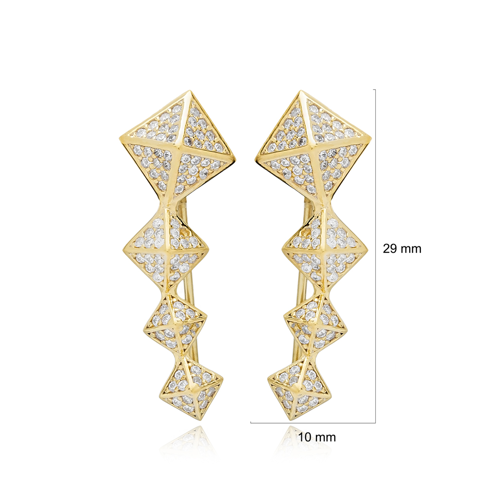 Pyramid Geometric Design Ear Cuff Earring Turkish Wholesale Handmade 925 Sterling Silver Jewelry