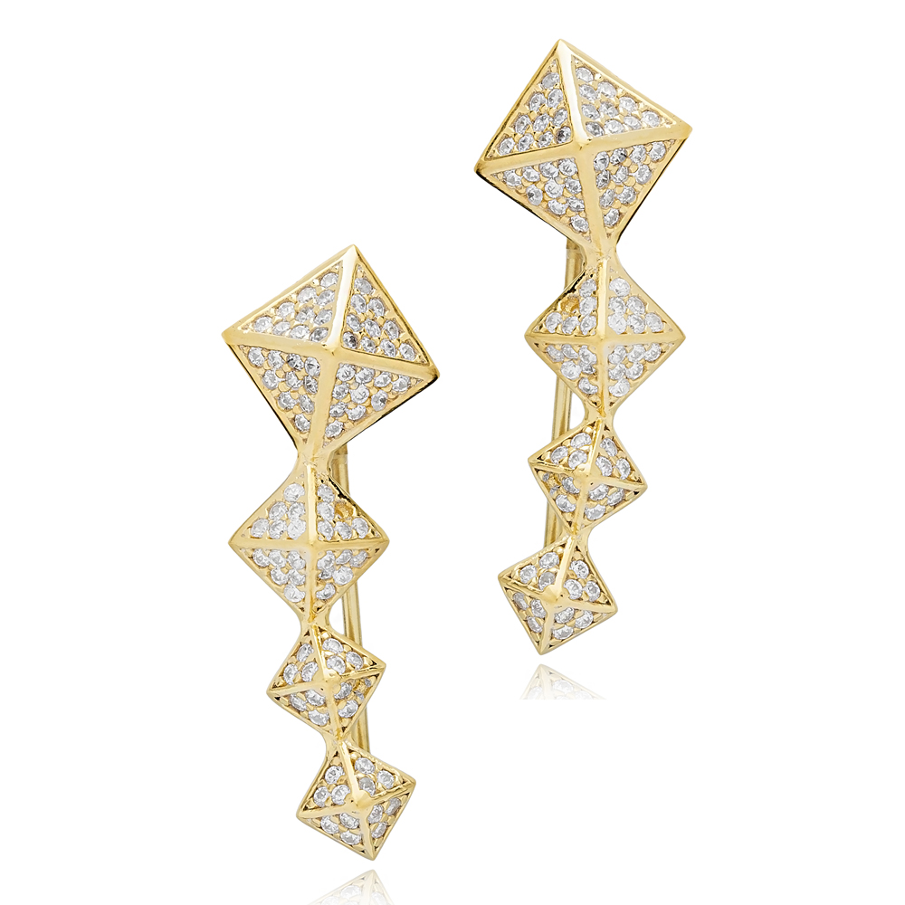 Popular Pyramid Geometric Design Ear Cuff Earring Turkish Wholesale Handmade 925 Sterling Silver Jewelry