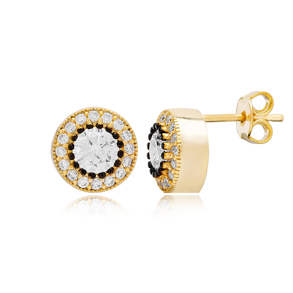 Trendy Round Style Zircon Stone Stud Earrings Turkish Wholesale 925 Sterling Silver Jewelry