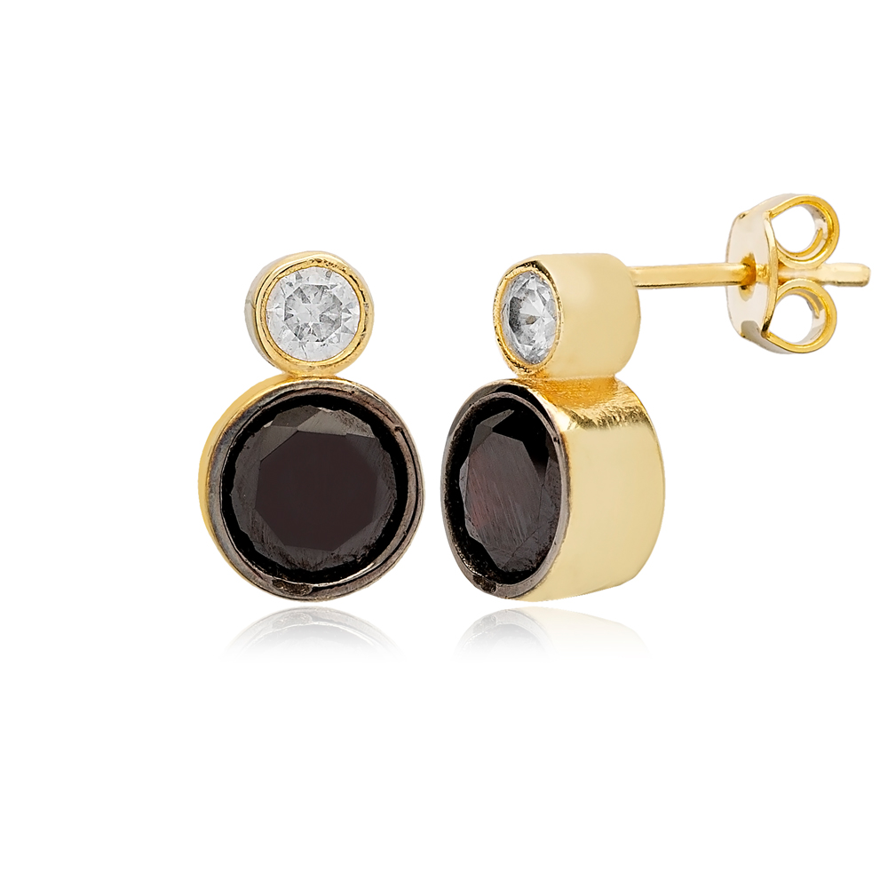 Round Design Black Zircon Stone Stud Earrings Wholesale Turkish 925 Sterling Silver Jewelry