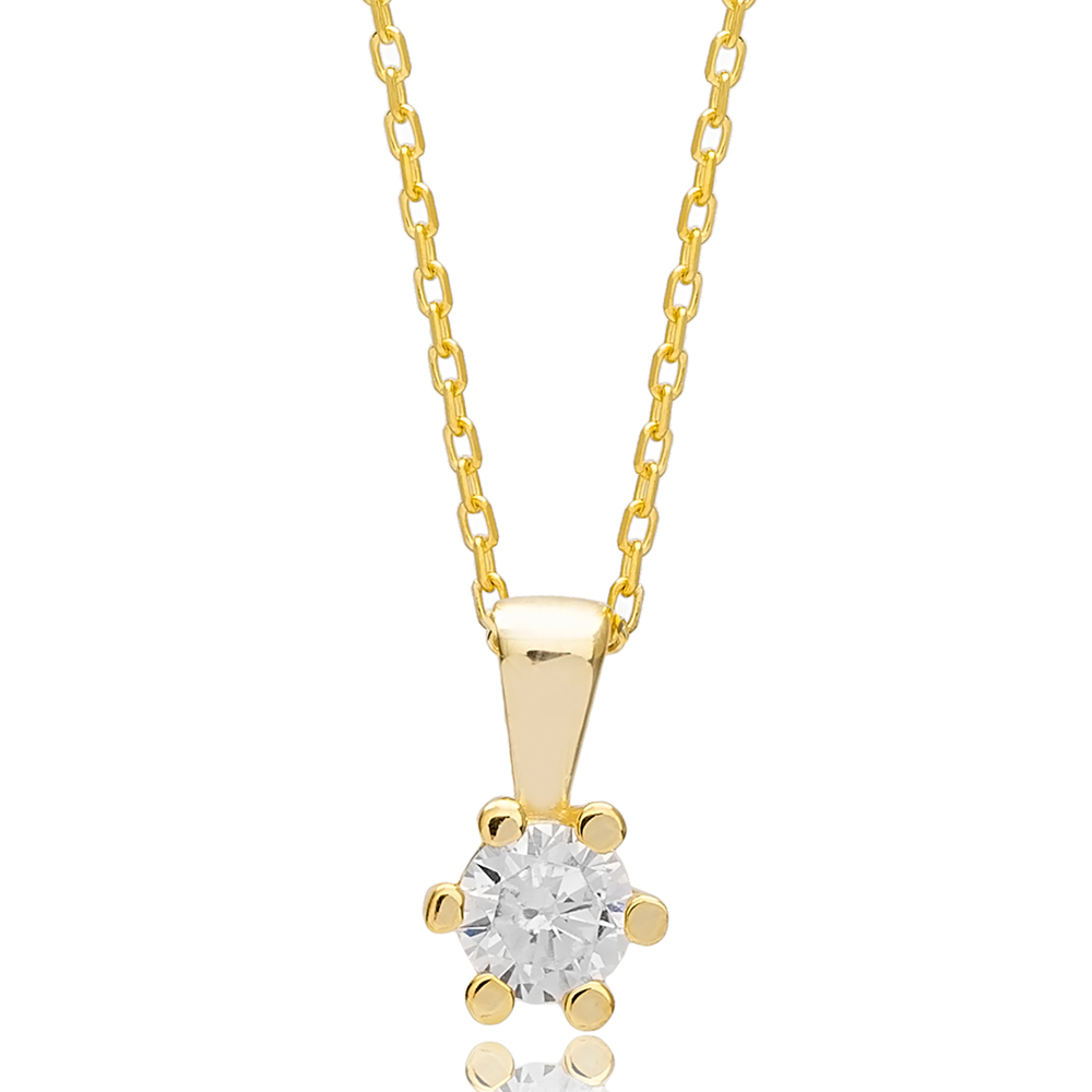 Dainty Round Design  Six Claw Zircon Stone Charm Necklace Wholesale Turkish 925 Sterling Silver Jewelry