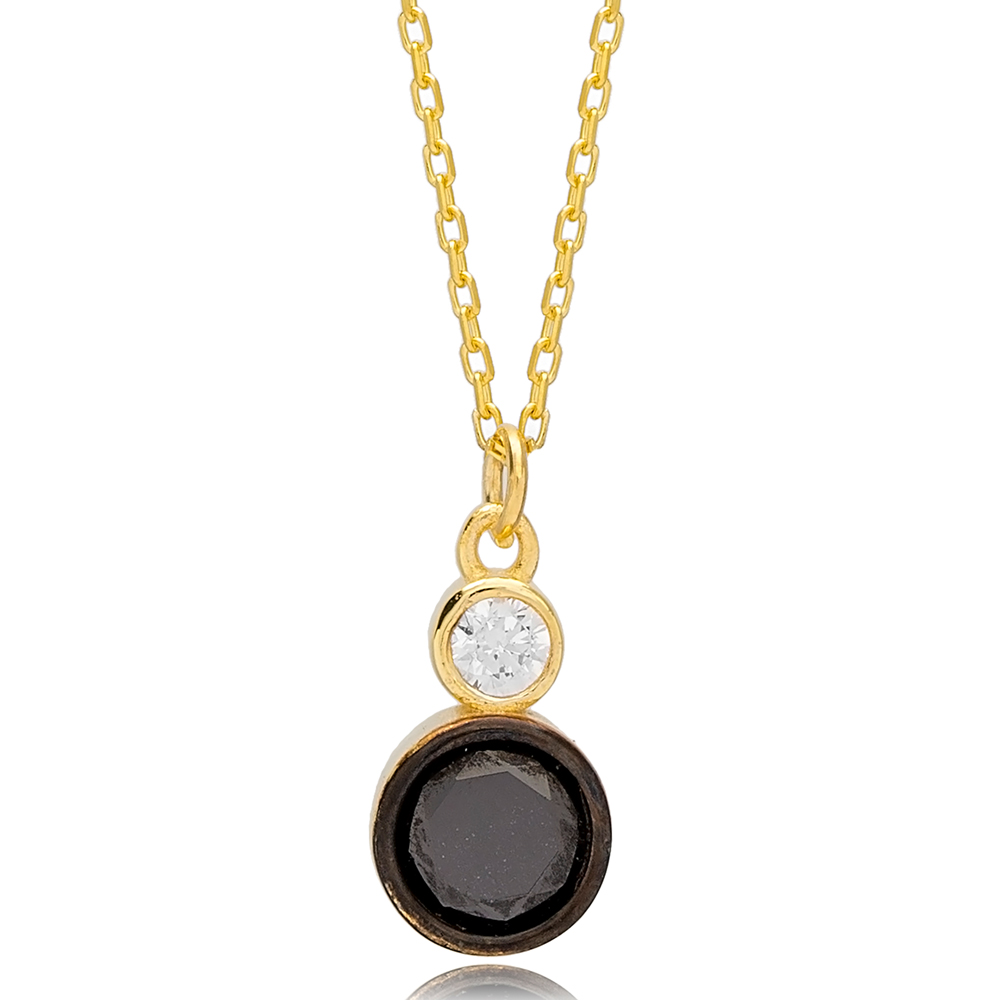 Round Design Black Zircon Stone Charm Necklace Pendant Turkish 925 Sterling Silver Jewelry