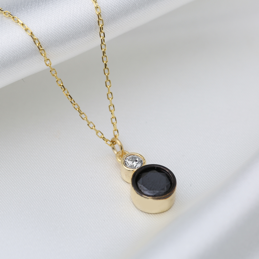Round Design Black Zircon Stone Charm Necklace Pendant Turkish 925 Sterling Silver Jewelry