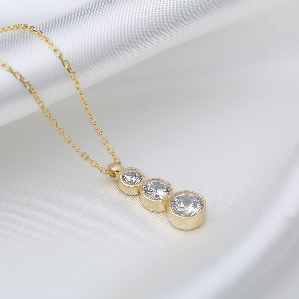 Triple Round Charm Zircon Stone Charm Necklace Pendant Handmade 925 Sterling Silver Jewelry