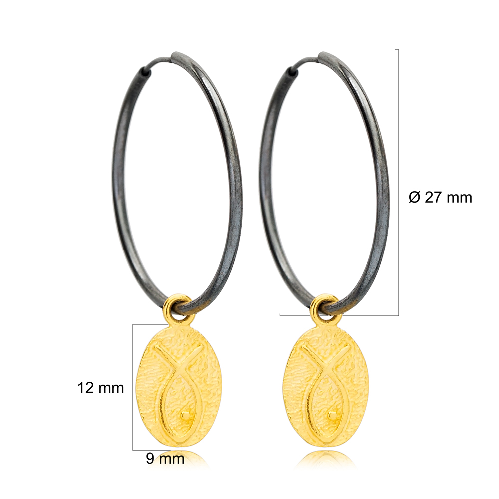 22K Gold Plated Fish Shape Oval Charm Oxidized Hoop Earrings Handmade 925 Sterling Silver Vintage Jewelry