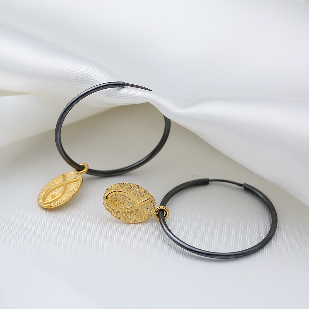 22K Gold Plated Fish Shape Oval Charm Oxidized Hoop Earrings Handmade 925 Sterling Silver Vintage Jewelry