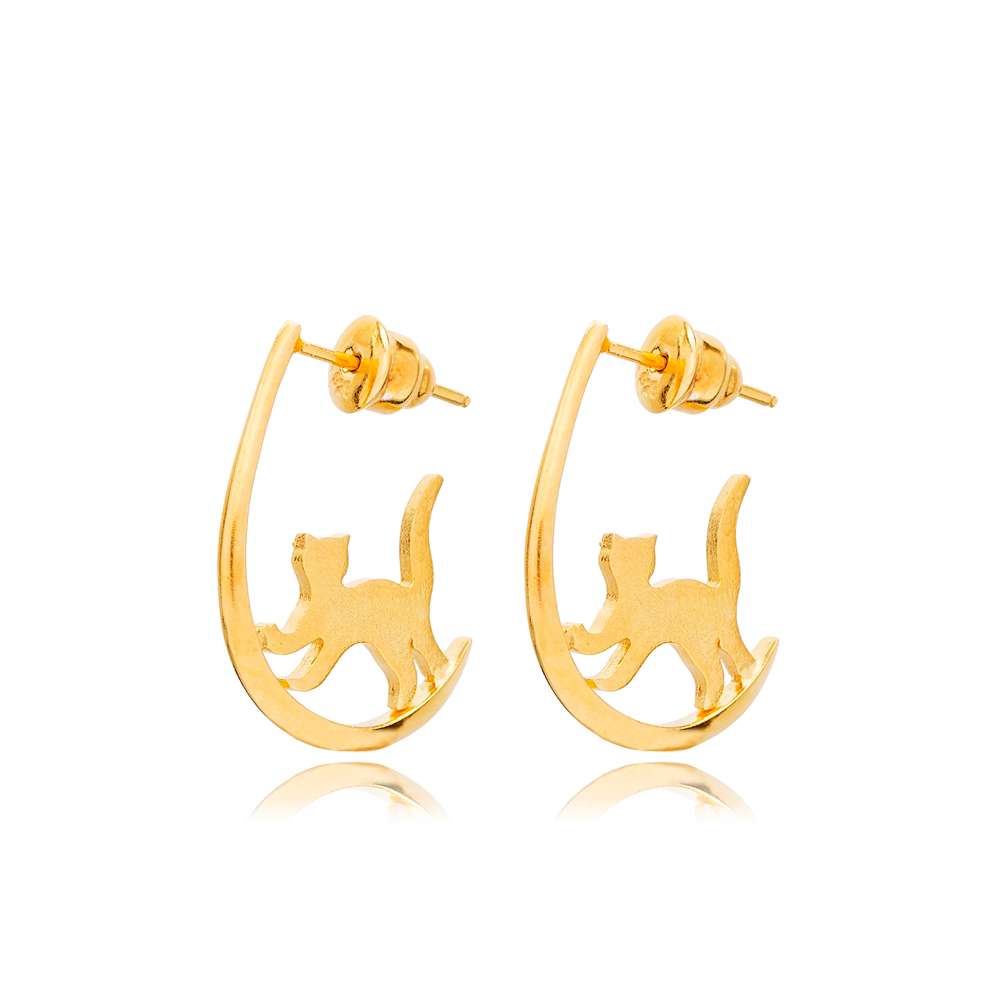 Cute Vintage Cat Design 22K Gold Plated Stud Earrings Wholesale Handmade 925 Sterling Silver Jewelry