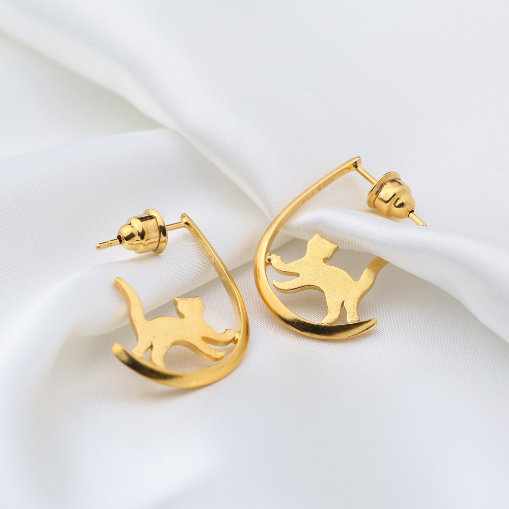 Cute Vintage Cat Design 22K Gold Plated Stud Earrings Wholesale 925 Sterling Silver Jewelry