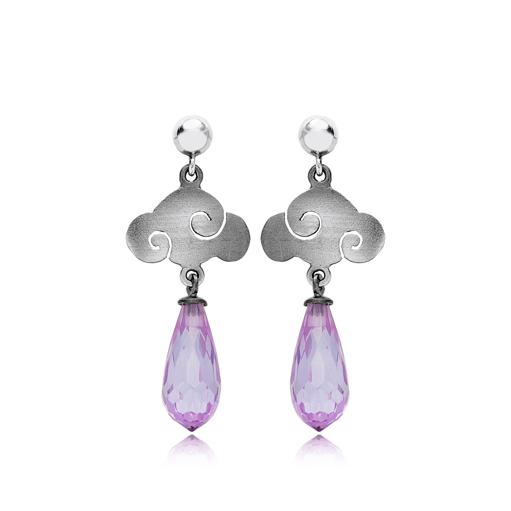 Amethyst Stone Cloud Design Oxidized Vintage Earrings 925 Sterling Silver Jewelry