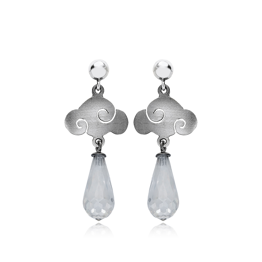 Zircon Stone Cloud Design Oxidized Vintage Earrings 925 Sterling Silver Jewelry