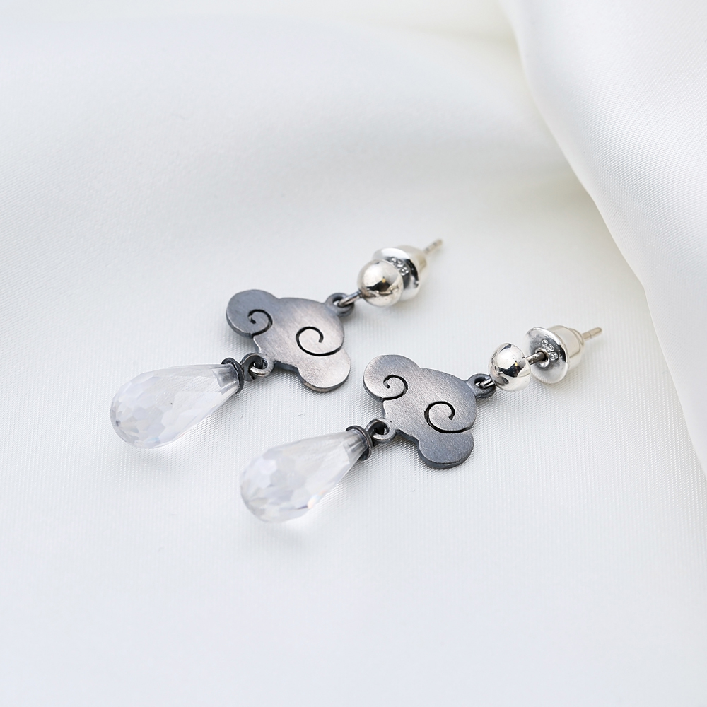 Stylish Zircon Stone Cloud Design Oxidized Vintage Earrings 925 Sterling Silver Jewelry