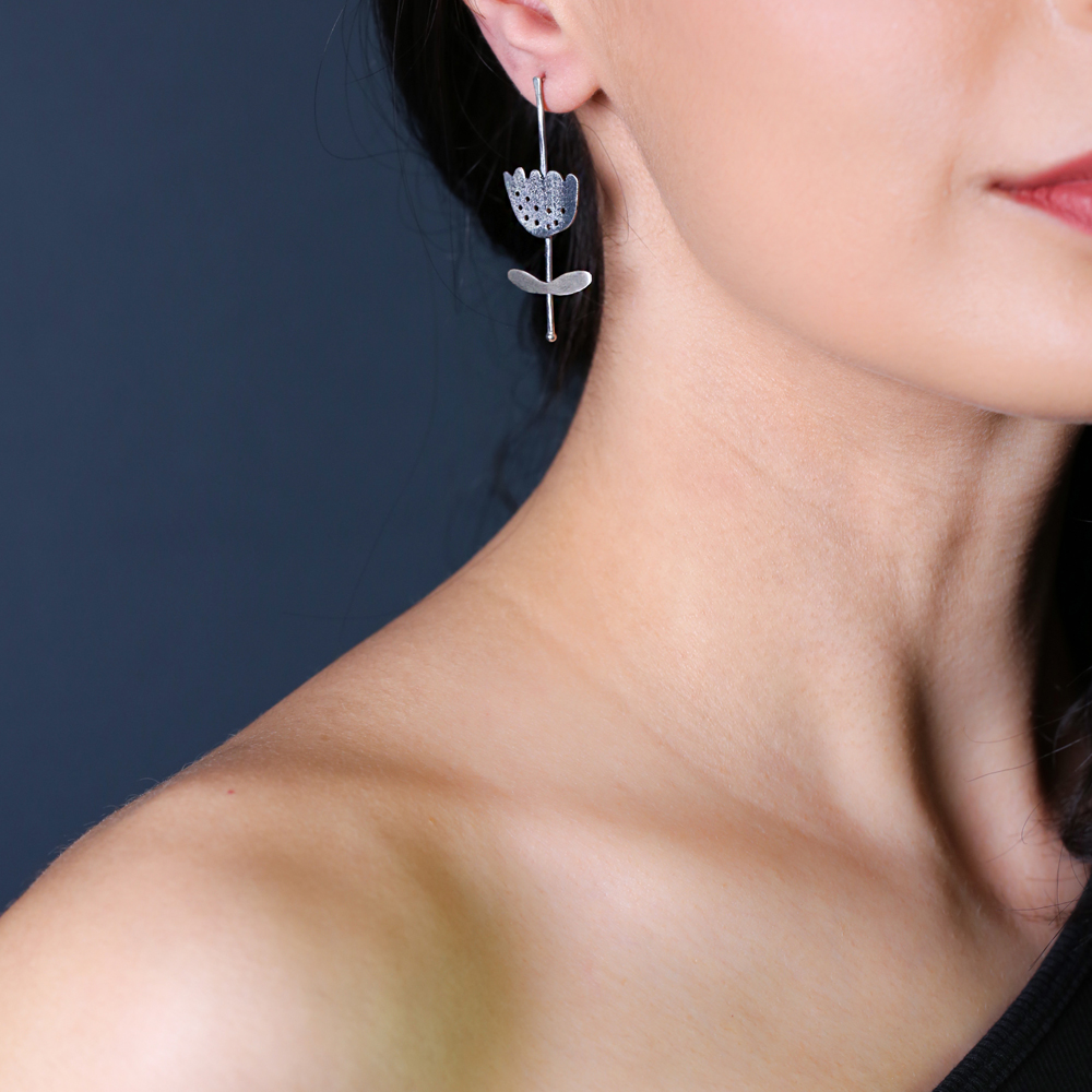 Dainty Tulip Design Oxidized Vintage Earrings Elegant Turkish 925 Sterling Silver Jewelry