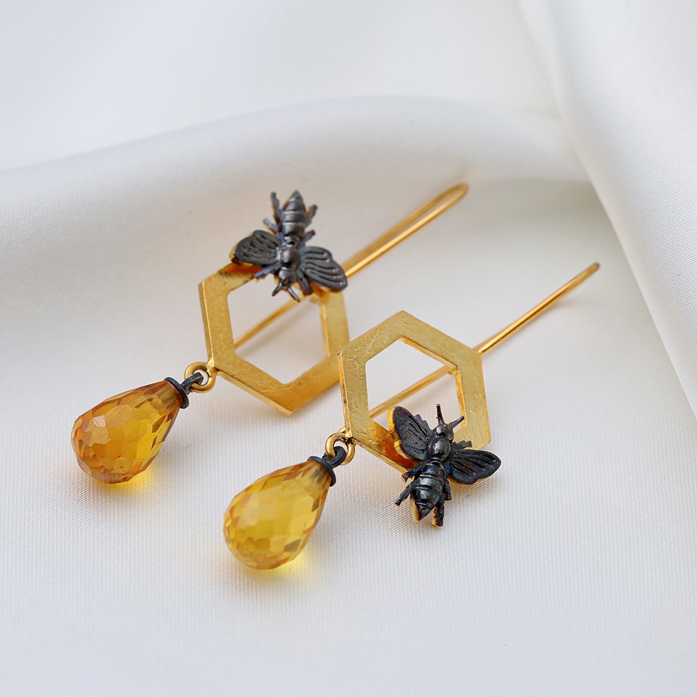 Bee Design 22K Gold Plated Vintage Hook Earrings Turkish Wholesale 925 Sterling Silver Jewelry