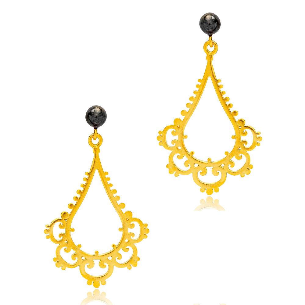 Plain Design Chandelier 22K Gold Plated Vintage Stud Earrings Turkish Wholesale 925 Sterling Silver Jewelry