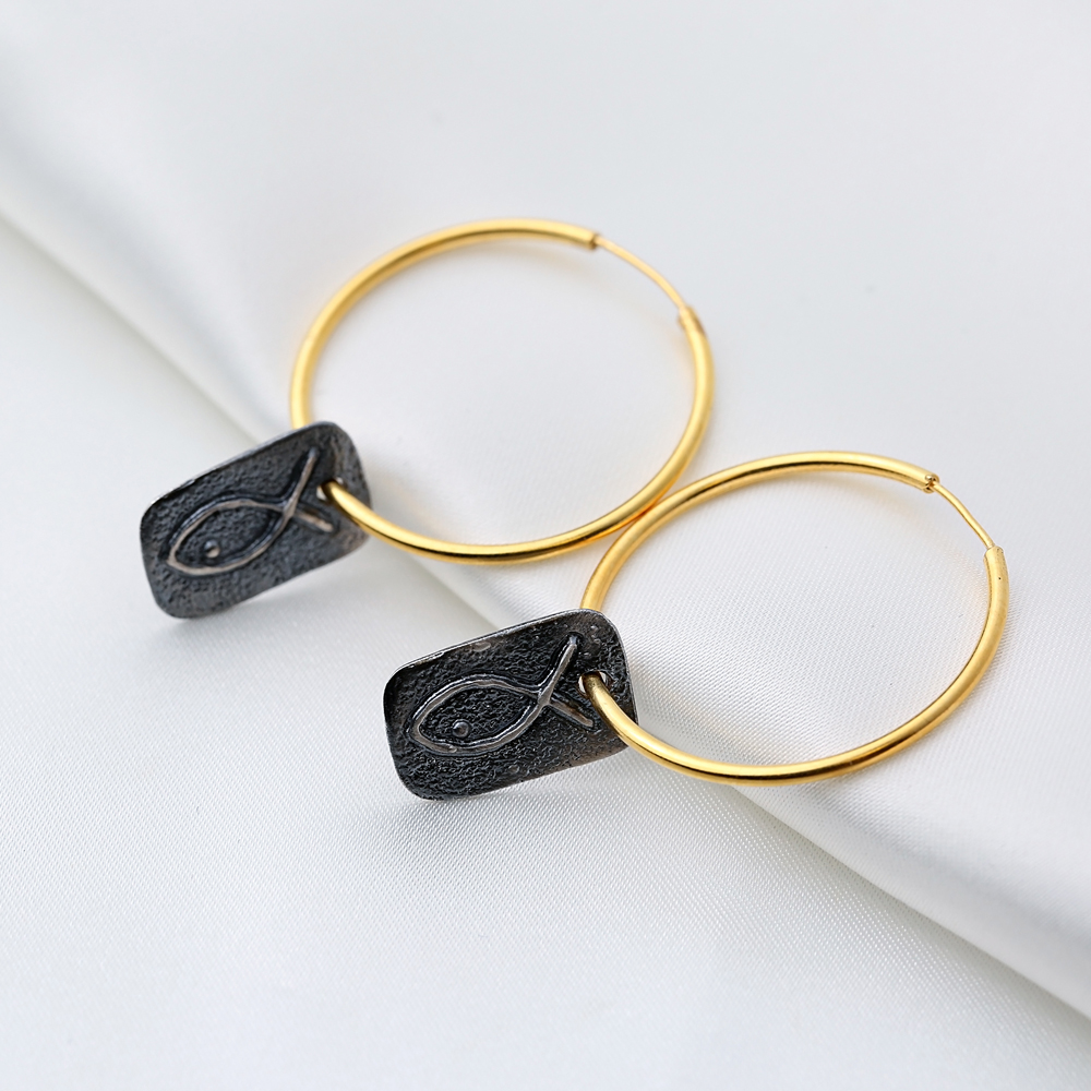 Oxidized Rectangle Fish Design 22K Gold Plated Vintage Hoop Earrings 925 Sterling Silver Jewelry