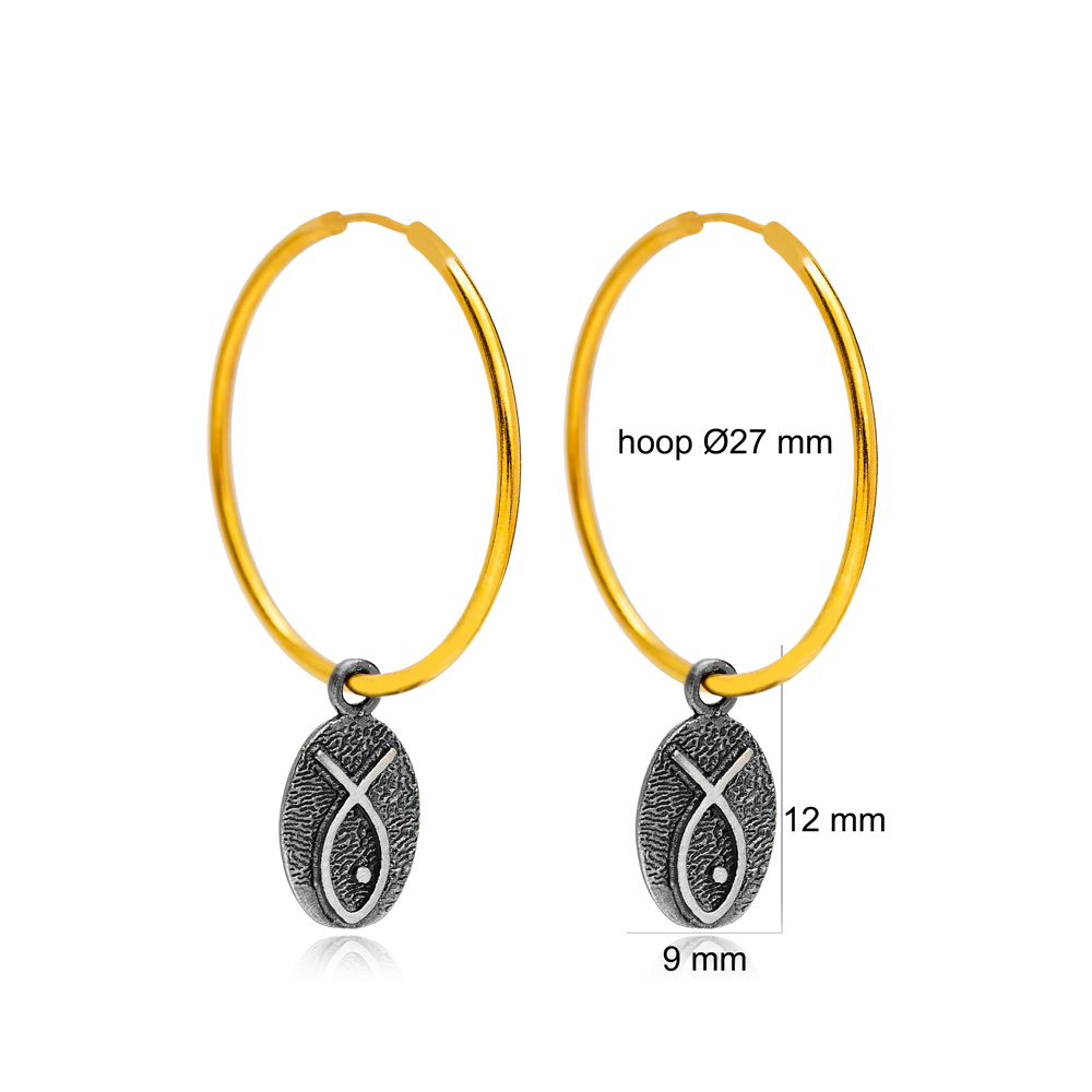 Oxidized Oval Fish Design 22K Gold Plated Vintage Hoop Earrings 925 Sterling Silver Jewelry